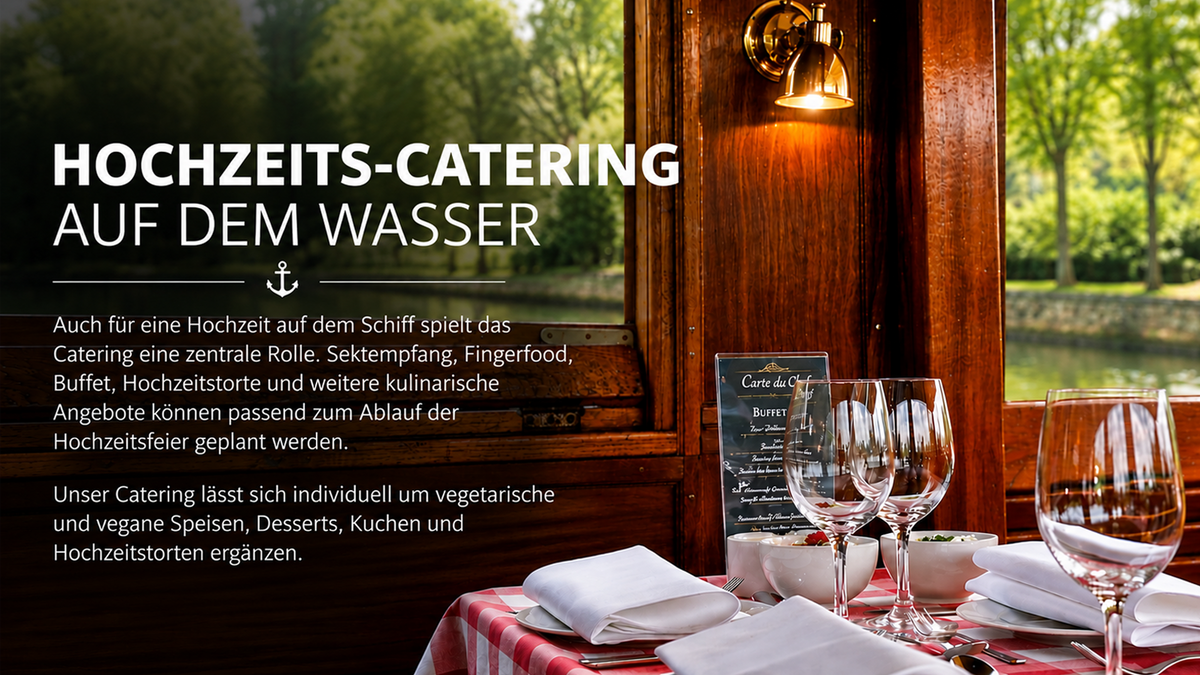 Hochzeits-Catering auf dem Schiff in Berlin mit Sektempfang, Fingerfood, Buffet, Hochzeitstorte sowie vegetarischen und veganen Speisen - Schiffskontor