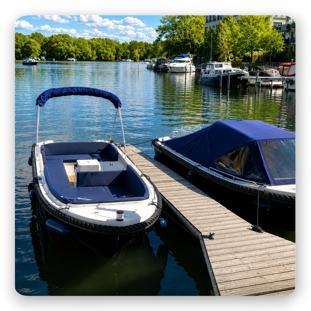 Azzuro & Dolce Vita beim Bootsverleih Berlin Schiffskontor. Boot mieten ohne Führerschein und mit der Silver Yacht 525 individuelle Touren auf Spree und Havel genießen.