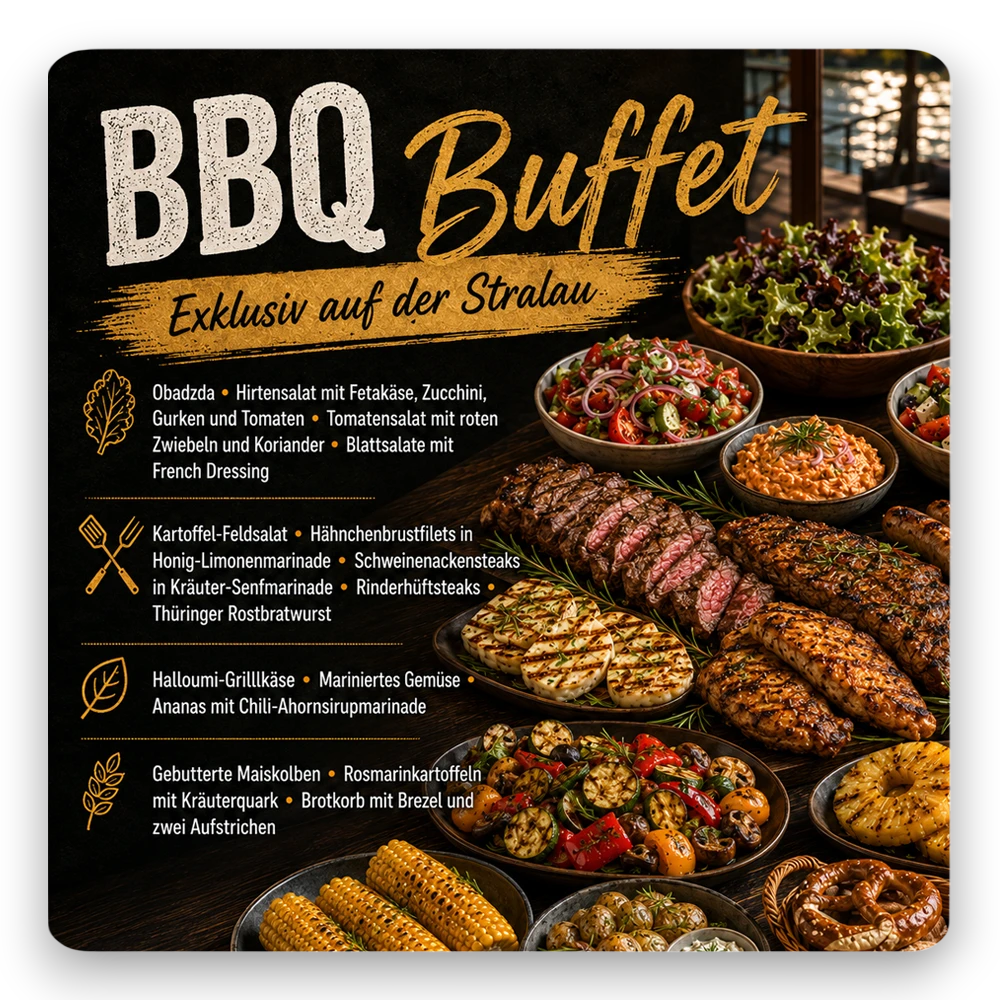 BBQ-Buffet beim Bootsverleih Berlin Schiffskontor. Boot oder Schiff mieten mit exklusivem Grillbuffet, frischen Salaten, Fleisch, Halloumi und Beilagen für Events auf der Spree.