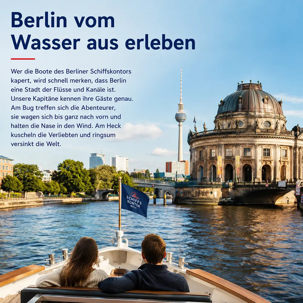 Berlin vom Wasser erleben mit dem Bootsverleih Berlin Schiffskontor. Boot mieten für unvergessliche Fahrten auf Spree und Havel – romantisch, entspannt und mit erfahrenem Kapitän.