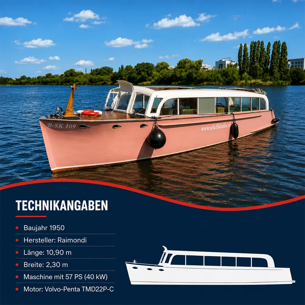 Historischer Rivabus Aphrodite von Schiffskontor, Baujahr 1950, Hersteller Raimondi, 10,9 m lang, 2,30 m breit, mit 57 PS (40 kW) Volvo Penta TMD22P-C Motor.