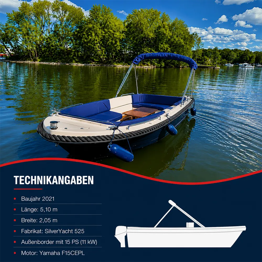 Führerscheinfreie Boote Azzurro & Dolce Vita von Schiffskontor, SilverYacht 525, Baujahr 2021, 5,10 m lang, 2,05 m breit, mit 15 PS (11 kW) Yamaha F15CEPL Außenborder.