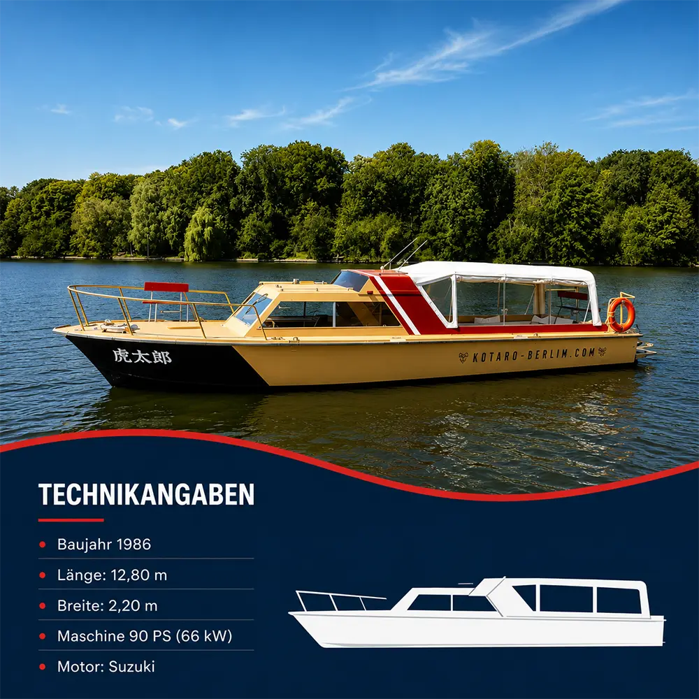 Historische Stahlyacht Kotaro von Schiffskontor, Baujahr 1986, 12,80 m lang, 2,20 m breit, mit 90 PS (66 kW) Suzuki-Motor.