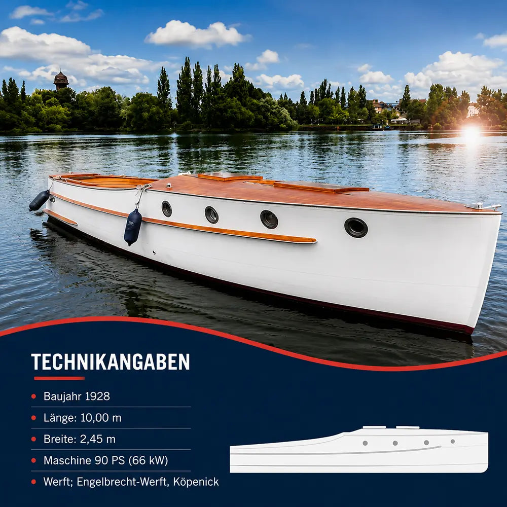Historisches Motorboot Linnemann von Schiffskontor, Baujahr 1928, Engelbrecht-Werft Köpenick, 10,00 m lang, 2,45 m breit, mit 113 PS (83 kW) Motor.