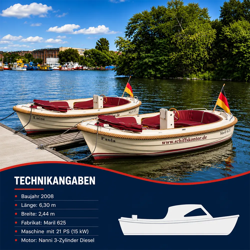 Motorboote Paul & Paula von Schiffskontor, Maril 625, Baujahr 2008, 6,30 m lang, 2,44 m breit, mit 21 PS (15 kW) Nanni 3-Zylinder-Dieselmotor.