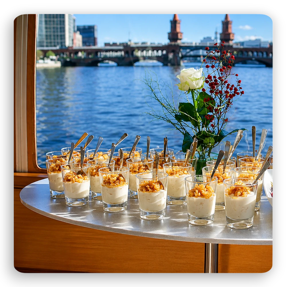 Fingerfood-Catering beim Bootsverleih Berlin Schiffskontor. Boot oder Schiff mieten mit exklusiven Häppchen, kreativen Spezialitäten und hochwertigem Catering für Events auf der Spree.