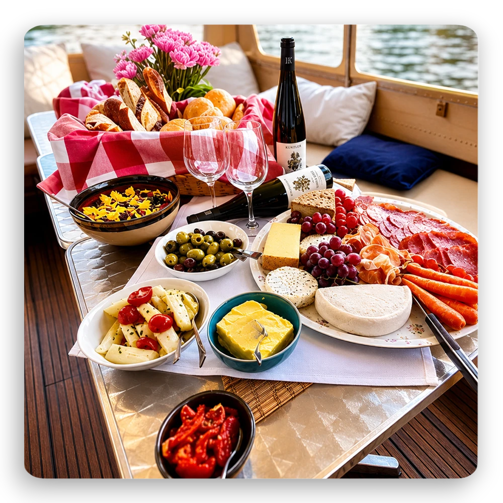 Picknick auf der Spree beim Bootsverleih Berlin Schiffskontor. Boot oder Schiff mieten mit mediterranem Picknickkorb, frischem Obst, Kuchen und Snacks für genussvolle Touren in Berlin.