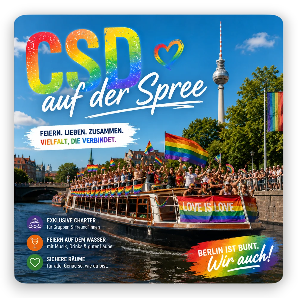 CSD auf der Spree mit der MS Stralau vom Bootsverleih Berlin Schiffskontor. Boot mieten für besondere Events, Pride-Veranstaltungen und exklusive Charterfahrten auf Berlins Wasserwegen.
