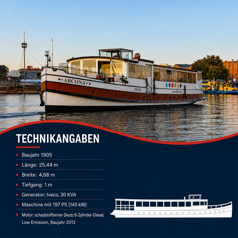 Historisches Eventschiff Arcona von Schiffskontor, Baujahr 1905, 25,44 m lang, 4,68 m breit, mit 197 PS (145 kW) Deutz 6-Zylinder-Low-Emission-Dieselmotor.
