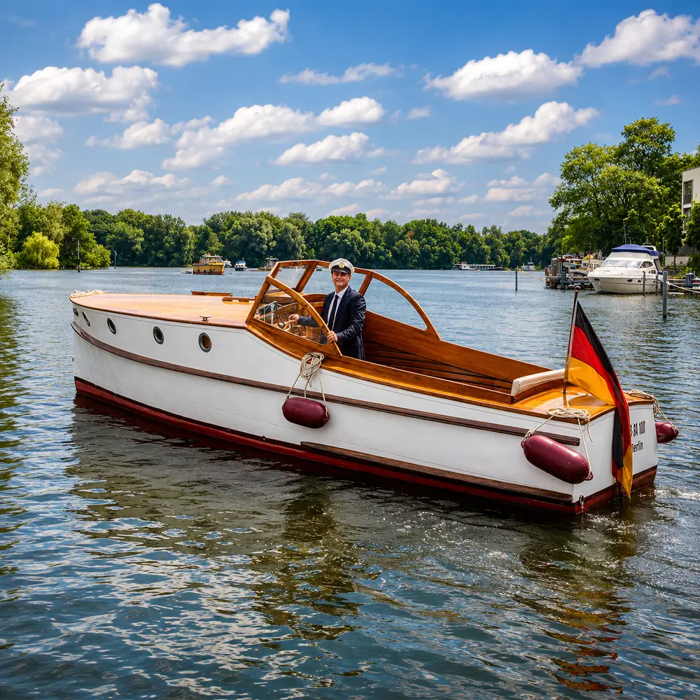 Heiratsantrag auf dem Boot Marlene beim Bootsverleih Berlin Schiffskontor. Boot mieten für romantische Spreefahrten mit Picknickkorb, Prosecco und unvergesslichen Momenten zu zweit.