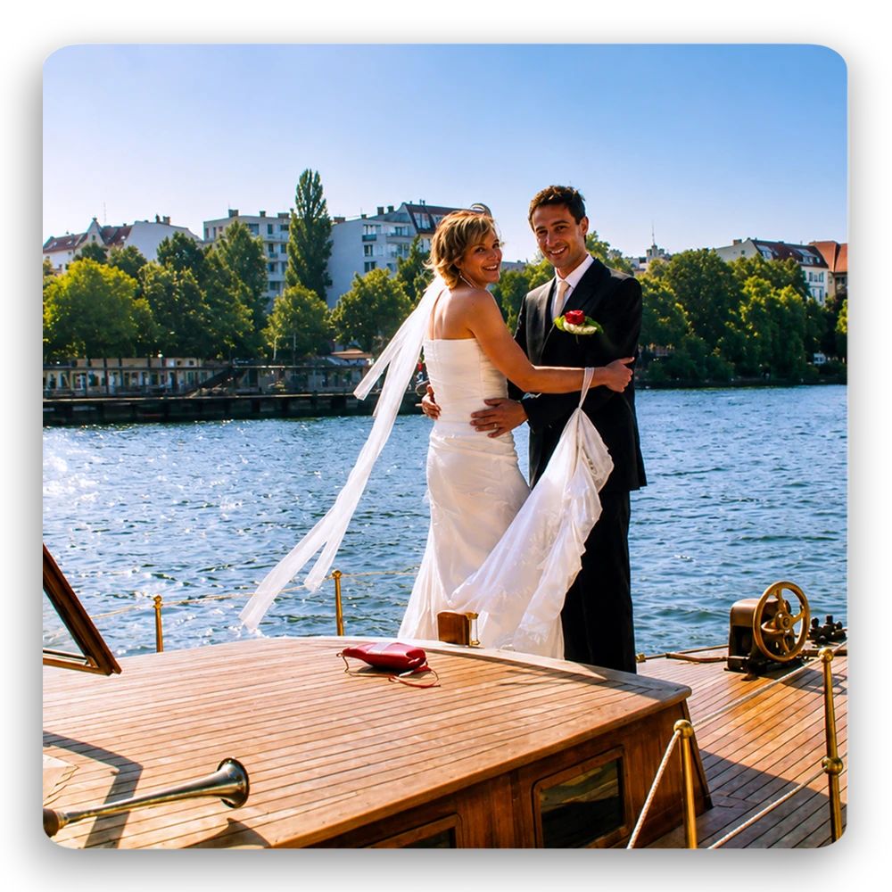 Hochzeit auf einem exklusiven Boot von Schiffskontor Berlin. Romantische Feier auf dem Wasser mit einzigartiger Kulisse für Brautpaar und Gäste.