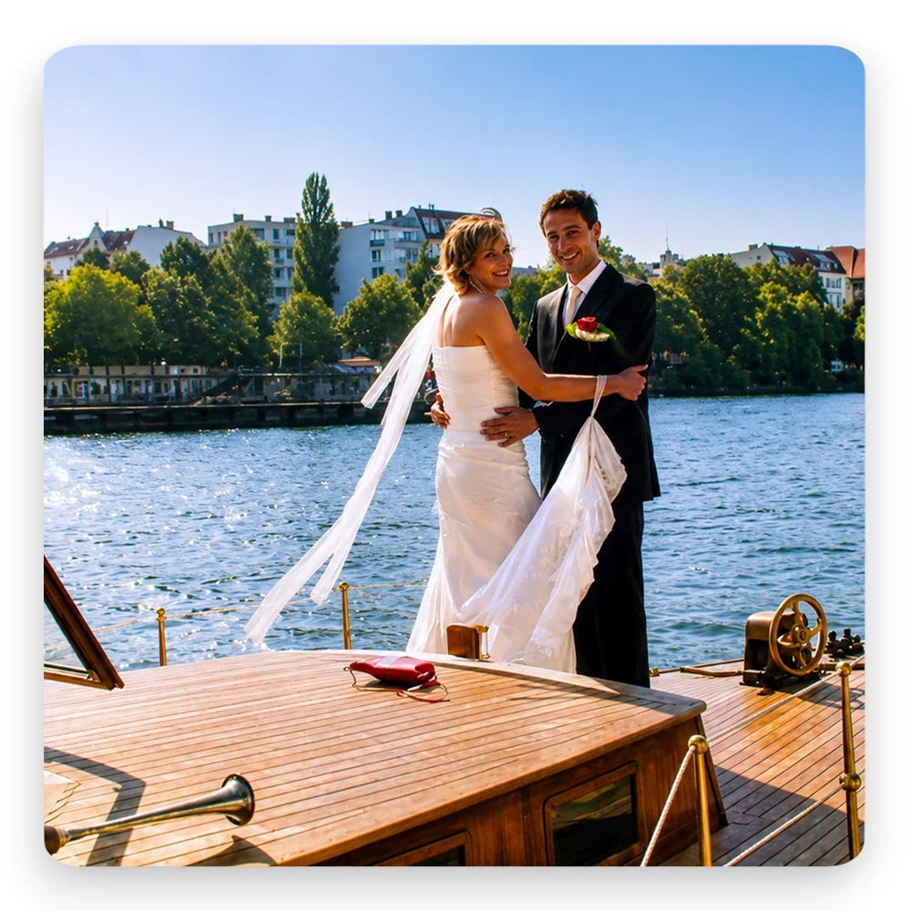 Heiraten beim Bootsverleih Berlin Schiffskontor. Boot mieten für eine romantische Hochzeit auf der Spree mit Trauung an Bord und unvergesslicher Feier auf einem exklusiven Schiff.