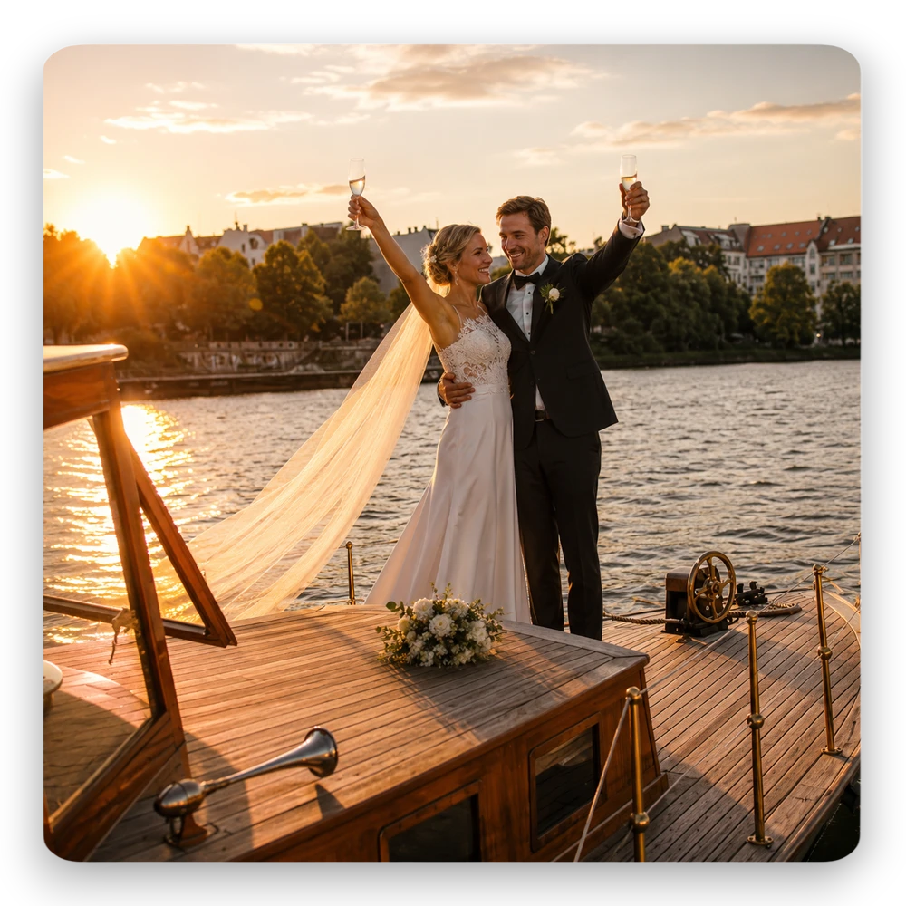 Hochzeit auf dem Wasser beim Bootsverleih Berlin Schiffskontor. Boot mieten für Trauung, Hochzeitsfeier und romantische Charterfahrt auf der Spree in Berlin.