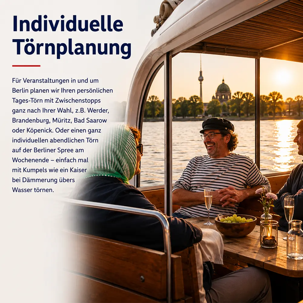 Bootsverleih Berlin Schiffskontor – Boot mieten mit individueller Törnplanung. Persönliche Charterfahrten auf Spree, Havel und zu Zielen wie Werder, Bad Saarow oder Köpenick.