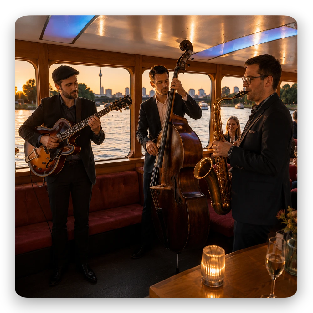 Live-Gig beim Bootsverleih Berlin Schiffskontor. Boot mieten für Charterfahrten mit Live-Musik, Tanz und einzigartiger Partyatmosphäre auf Spree und Havel in Berlin.