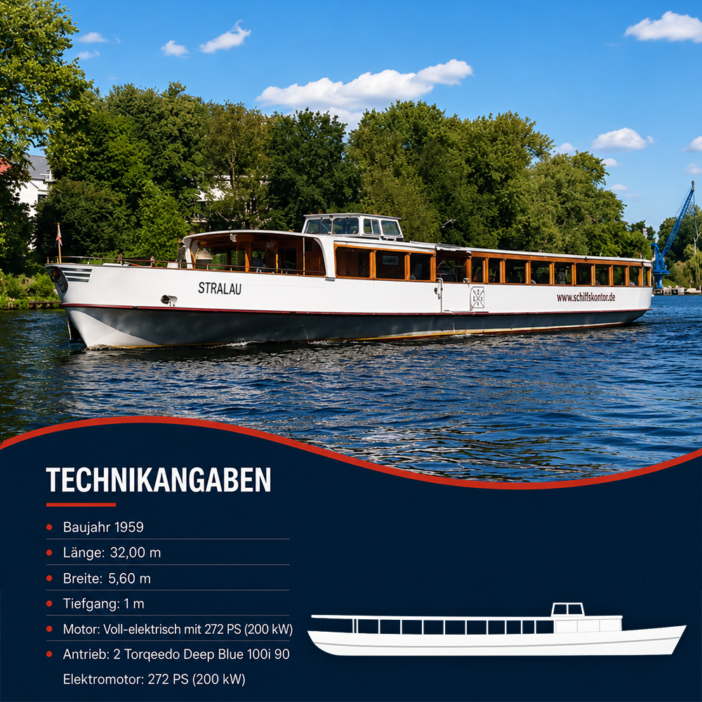 Historisches Eventschiff MS Stralau von Schiffskontor, Baujahr 1905, 32,00 m lang, 5,60 m breit, mit vollelektrischem 272 PS (200 kW) Torqeedo Deep Blue Antrieb.