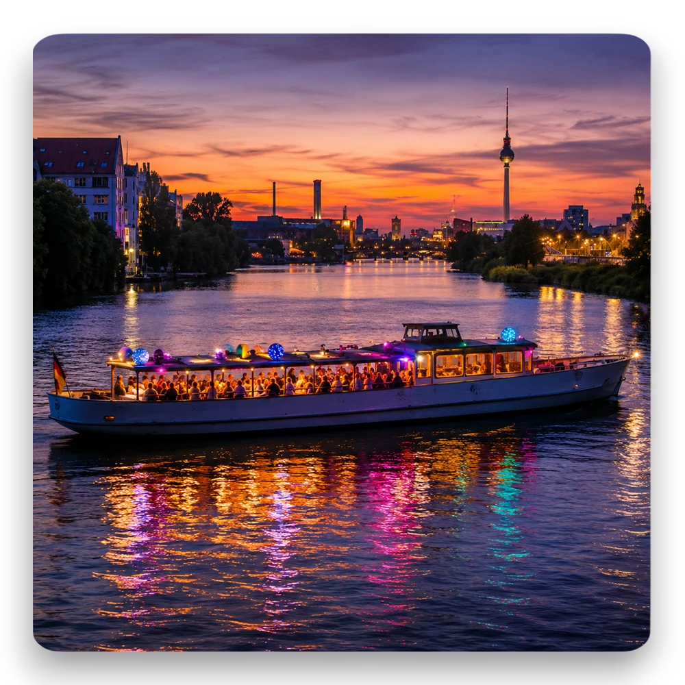 Lounge-Schiff als Partyboot beim Bootsverleih Berlin Schiffskontor. Boot mieten für Events mit DJ, Live-Musik, LED-Licht und exklusiven Night-City-Lights-Touren auf der Spree.