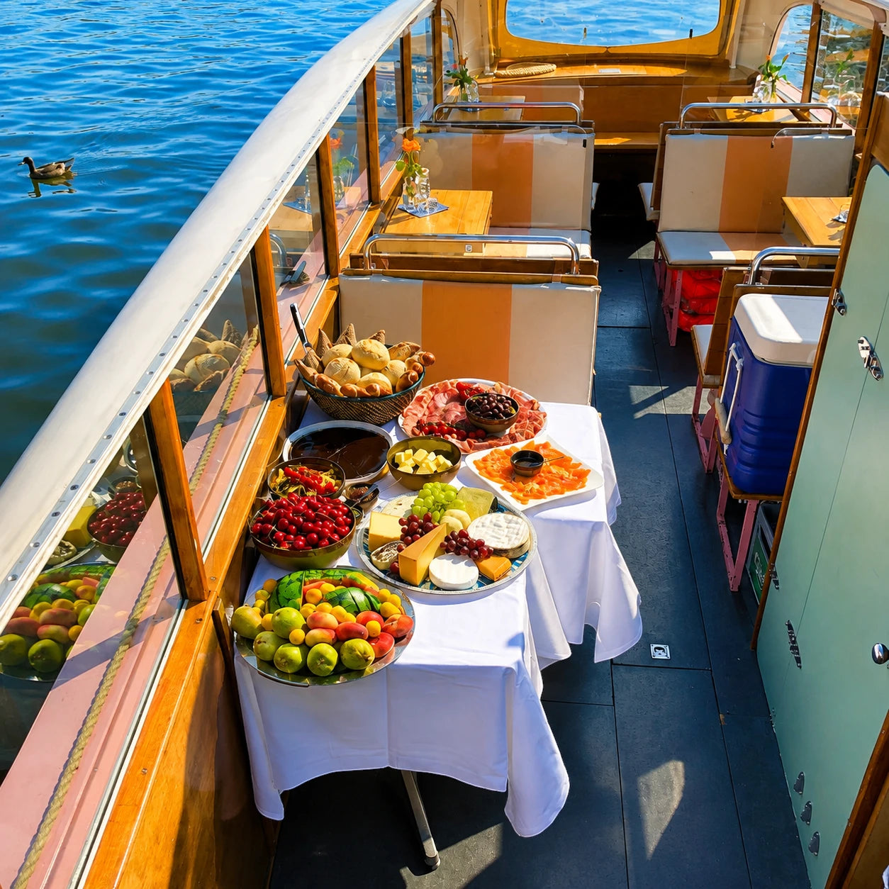Stilvolles Luxusboot Aphrodite von Schiffskontor auf der Berliner Spree mit hochwertigem Ambiente für exklusive Veranstaltungen und Rundfahrten.