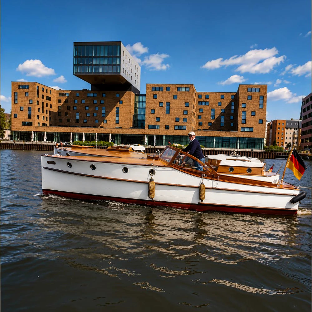 Historischer Engelbrecht-Backdecker Marlene auf der Berliner Spree. Boot mieten bei Schiffskontor für stilvolle Ausflüge auf Spree, Havel und Kanälen.