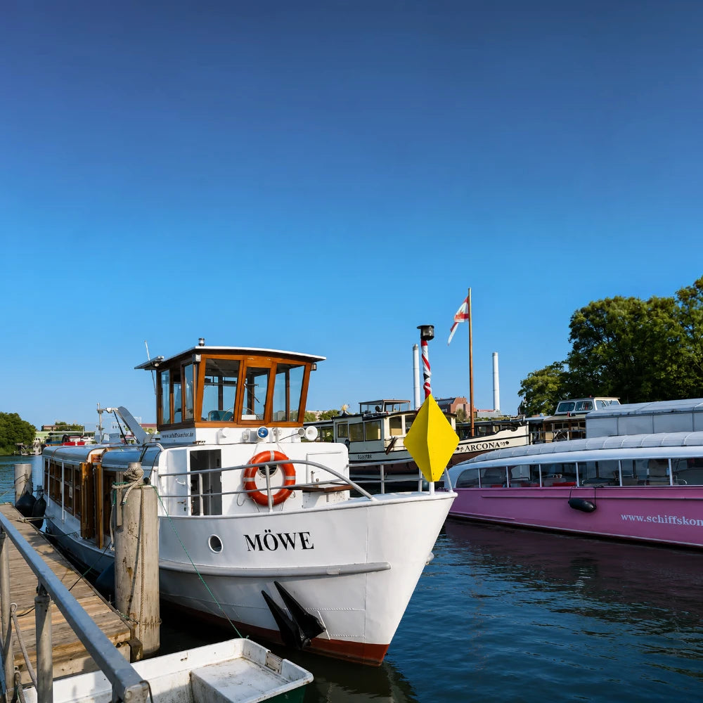 Historisches Fahrgastschiff MS Möwe mit klassischem Charme, großzügigem Salon und Außenbereichen für exklusive Veranstaltungen und besondere Anlässe.