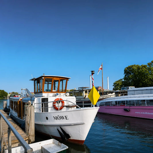 Historisches Fahrgastschiff MS Möwe mit klassischem Charme, großzügigem Salon und Außenbereichen für exklusive Veranstaltungen und besondere Anlässe.