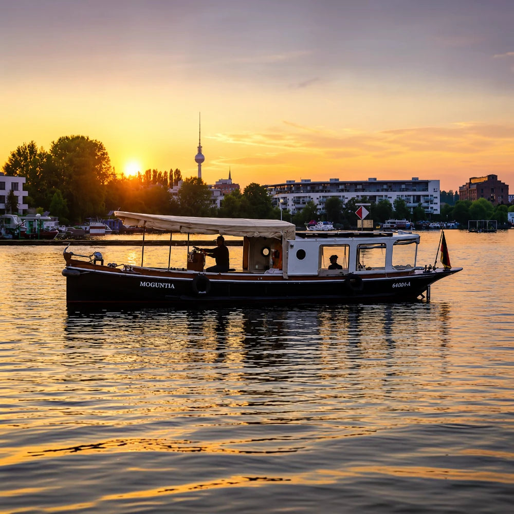 Rustikale Barkasse mit historischem Charme, Teak-Ausbau und moderner Technik. Die Moguntia eignet sich ideal für entspannte Fahrten auf dem Wasser.