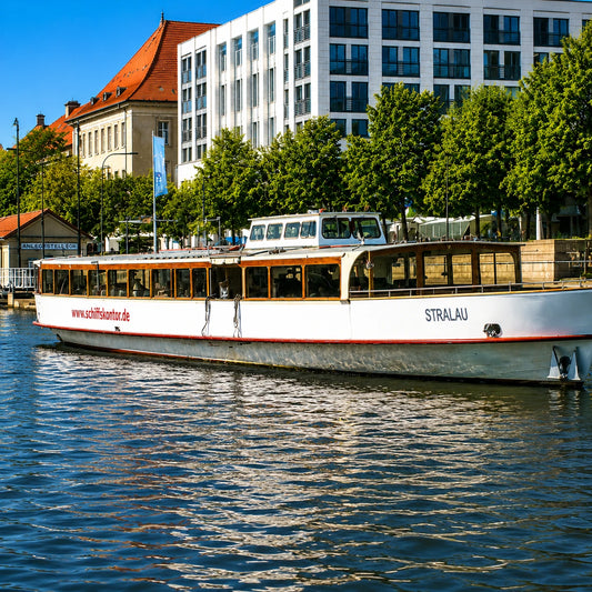 Die vollelektrische MS Stralau Lounge von Schiffskontor gleitet emissionsfrei über die Berliner Spree und eignet sich ideal für stilvolle Events und Charterfahrten.