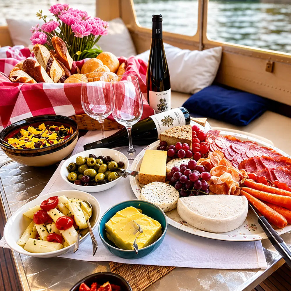 Bootsverleih Berlin Schiffskontor – Boot mieten mit Picknick auf der Spree. Mediterrane Spezialitäten, frisches Obst und Kuchen machen jede Bootstour zu einem besonderen Genusserlebnis.