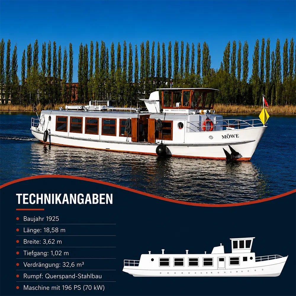 Historisches Fahrgastschiff Möwe von Schiffskontor, Baujahr 1925, 18,58 m lang, 3,62 m breit, Stahlrumpf, mit 196 PS (70 kW) KVD 14,5 6-Zylinder-Dieselmotor.