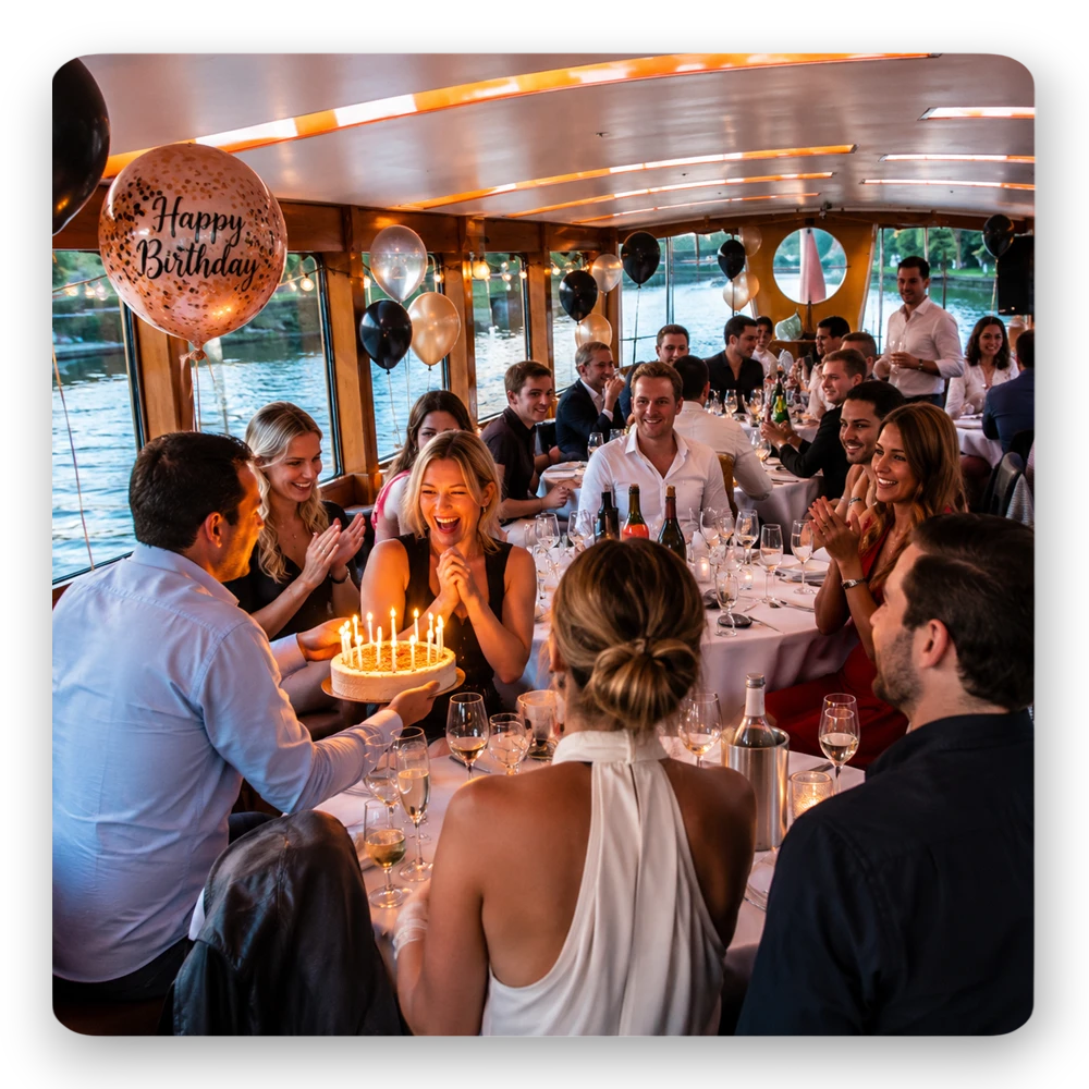Geburtstag feiern beim Bootsverleih Berlin Schiffskontor. Boot mieten für exklusive Partys auf der Spree mit Catering, Musik, DJ und einzigartiger Atmosphäre auf dem Wasser.