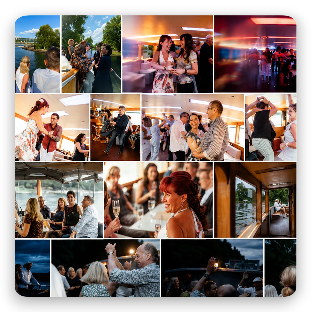Tanzboot-Touren beim Bootsverleih Berlin Schiffskontor. Boot mieten für Fahrten mit Musik, Tanz und Sommerstimmung über Müggelsee, Seddinsee und Berliner Gewässer.