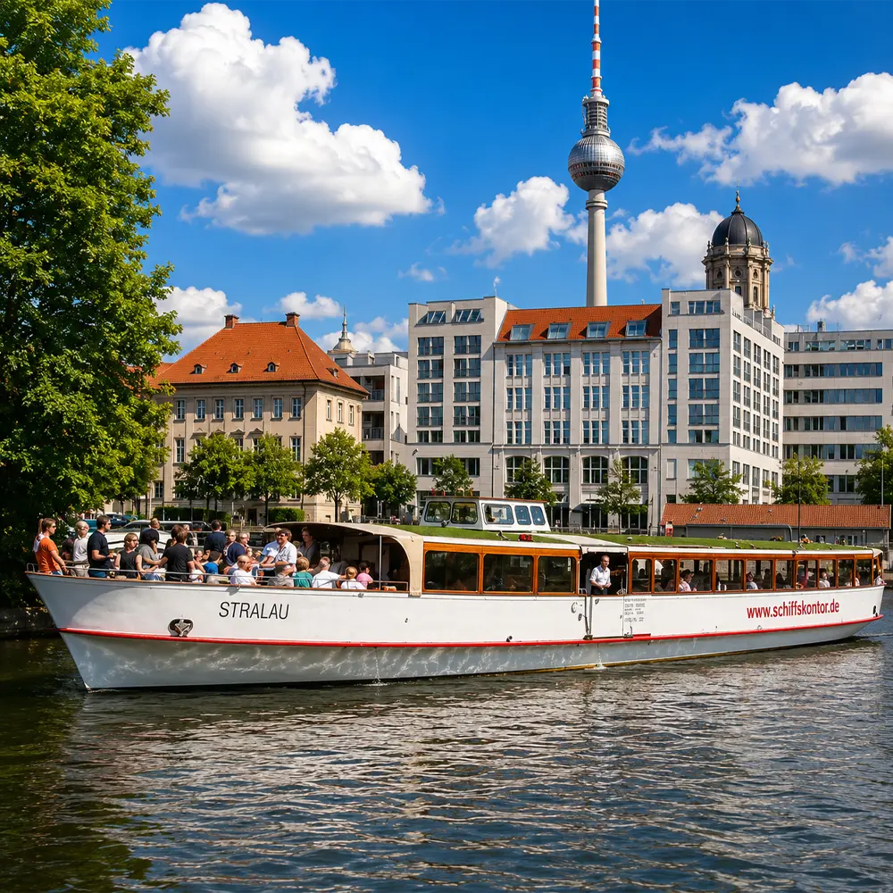 Transfer per Schiff mit dem Bootsverleih Berlin Schiffskontor. Boot mieten für stilvolle Hochzeitsfahrten mit Sektempfang und Fahrt vom Standesamt zur Wunschlocation auf der Spree.