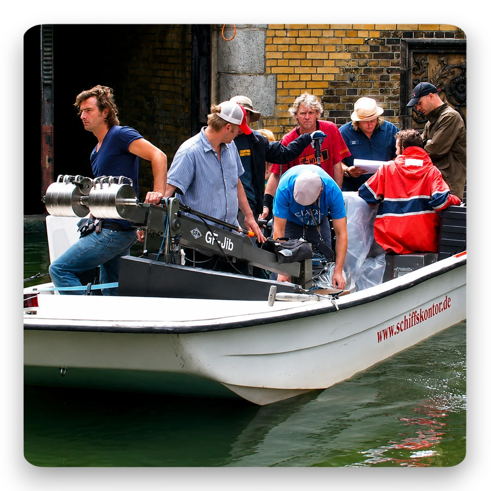 Vielseitige Arbeitsboote beim Bootsverleih Berlin Schiffskontor. Boot mieten für Filmproduktionen, Fotoshootings und Einsätze auf dem Wasser mit großzügiger Arbeitsfläche und starker Motorisierung.