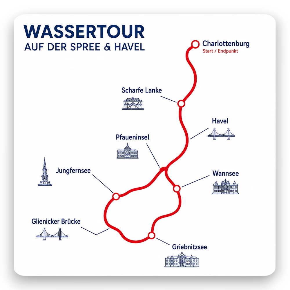 Tour-Grafik des Wannsee- & Potsdam-Törns von Schiffskontor Berlin. Bootsverleih und Boot mieten mit Route über Spree, Havel, Wannsee, Glienicker Brücke und Potsdam.