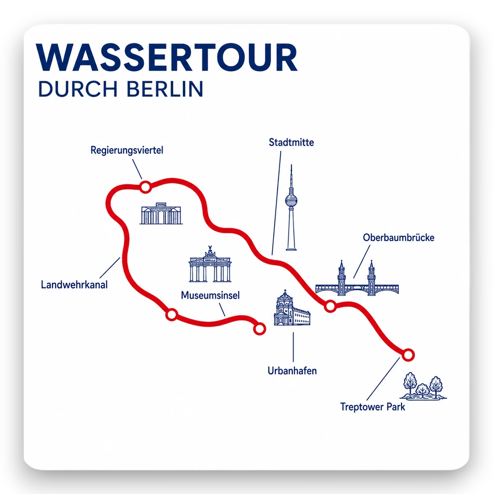 Tour-Grafik der Hauptstadt-Törns von Schiffskontor Berlin. Bootsverleih und Boot mieten mit Routen über Spree und Landwehrkanal zu den bekanntesten Sehenswürdigkeiten Berlins.