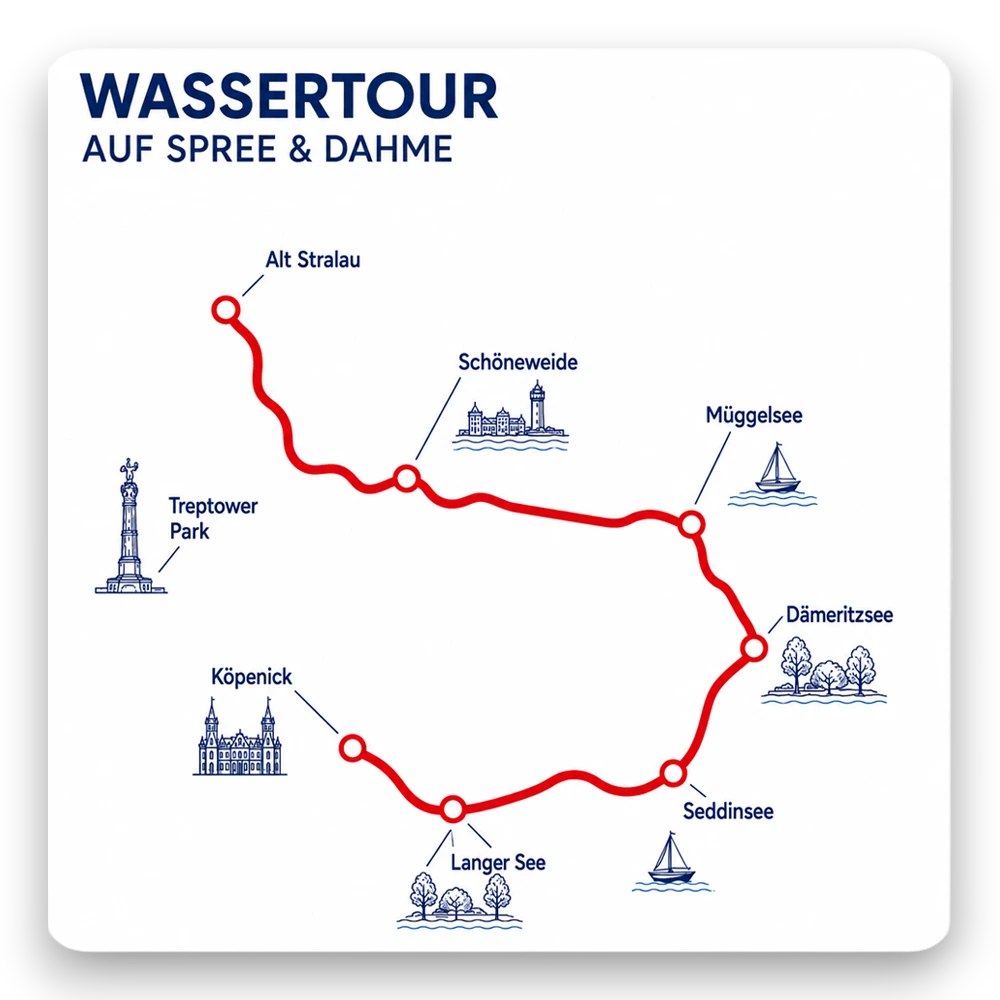PDF zum Kaiser-Törn von Schiffskontor Berlin. Bootsverleih, Boot mieten und idyllische Route über Müggelsee, Köpenick und Berliner Gewässer mit allen Toureninformationen.